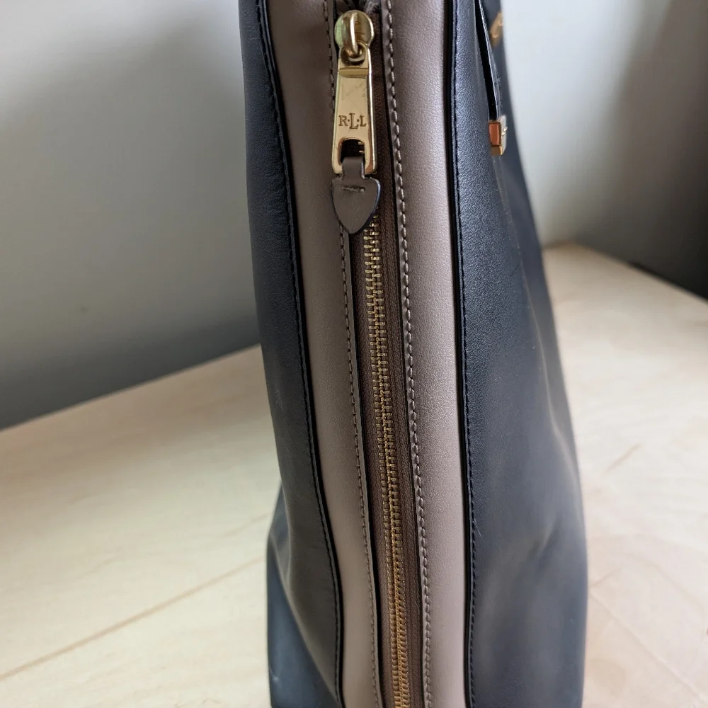 Lauren Ralph Lauren Handbag Large Tote Black And Taupe Gold Zipper And Feet - Picture 6 of 7